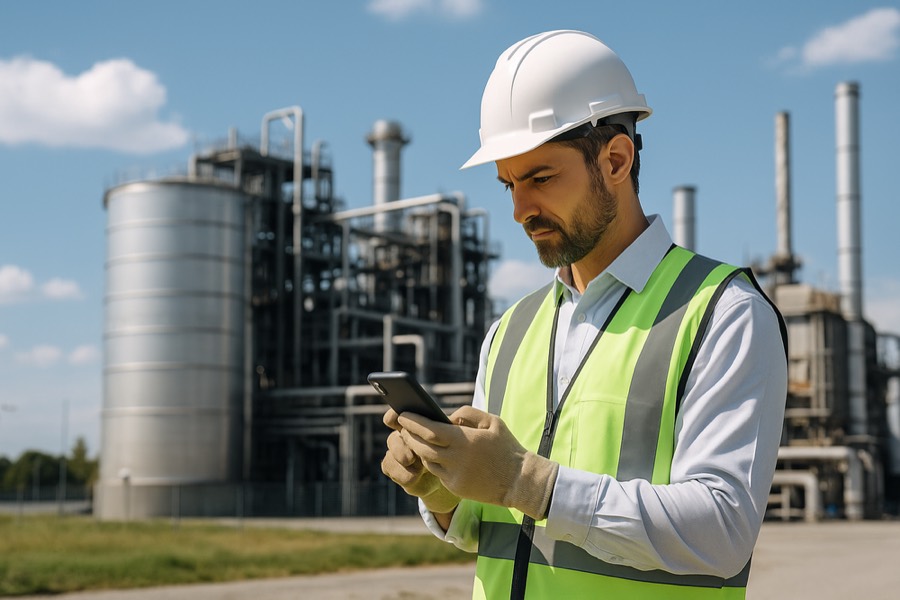 Contractor in a hard hat and safety vest reviewing site orientation on a phone outside a process unit